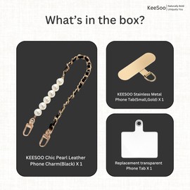 KEESOO Original Korean Chic Pearl Gold Leather Phone Charm, Versatile with Premium Gold Metal Phone Tab (Classic Black)