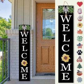 Interchangeable Welcome Sign for Front Porch Standing 47"X8" Outdoor Large Wood Frame with 12 Pcs Designed Icons Leaner Vertical Tall Outside Welcome Sign for Front Door Decor (Black)