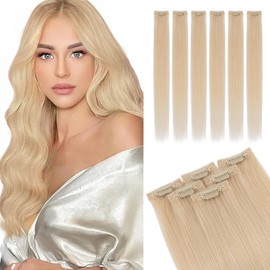 Elailite Real Hair Extensions Clip In Human Hair Remy Blonde Double Weft 6 Pcs Seamless Highlights Hairpieces Straight - #60 Platinum Blonde - 12 Inch 33g
