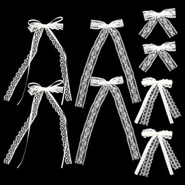 White Lace Hair Bow, Elegant Hair Ribbons For Women With Long Tail- Coquette Accessories(8Pcs)