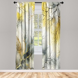 ABAKUHAUS Yellow Window Curtains Pack of 2, Modern Watercolor Look Backdrop with Leafless Branch Huddle Print Boho, Lightweight Set & Rod Pocket, 4 Panels of - 28" x 84", Mustard Blue Grey Khaki