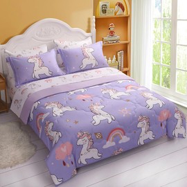 Wajade Kids Purple Unicorn Comforter Set Bed in A Bag Twin Size 7 Piece Cute Unicorn Rainbow Clouds Bedding Set for Girls (1 Comforter, 1 Flat Sheet, 1 Fitted Sheet, 2 Pillowcase and 2 Pillow Sham)