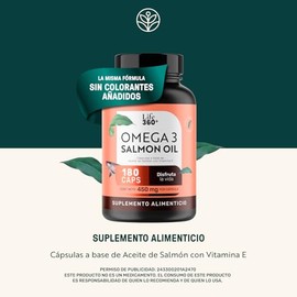 LIFE 360+ Omega 3 | 180 Cápsulas | Aceite Puro de Salmón con DHA y EPA Vitamina E (Dl-a-tocoferol)| Ingredientes Naturales | Salmon Oil | 450 Miligram