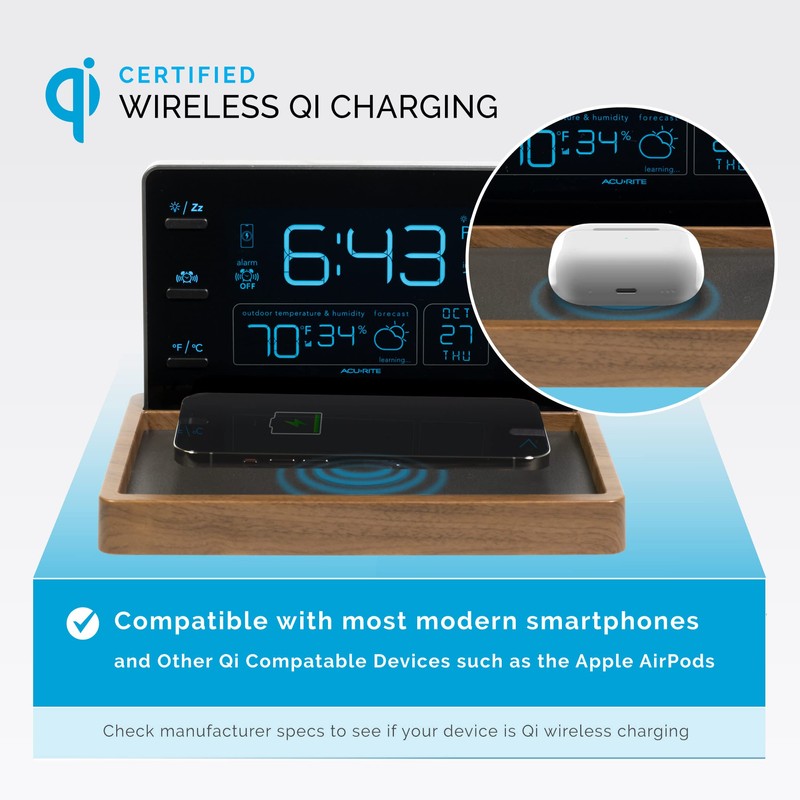 AcuRite Weather Valet with Qi-Certified Wireless Charging Pad, Auto-Dimming LCD