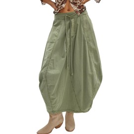 Sujama Poplin Midi Skirt for Women Cotton Baggy Drawstring Parachute Skirt Casual Cargo Maxi Long Skirts with Pockets 2025 Army Green