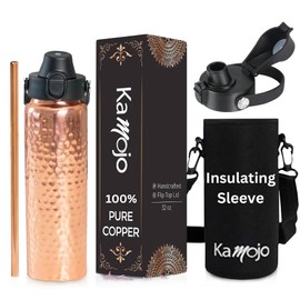 Kamojo Copper Water Bottle for Drinking - Hammered 100% Pure Copper Tumbler with Push Button Lid, Removable Insulating Sleeve & Straw - Handcrafted 32 fl oz Ayurvedic Cup for Water