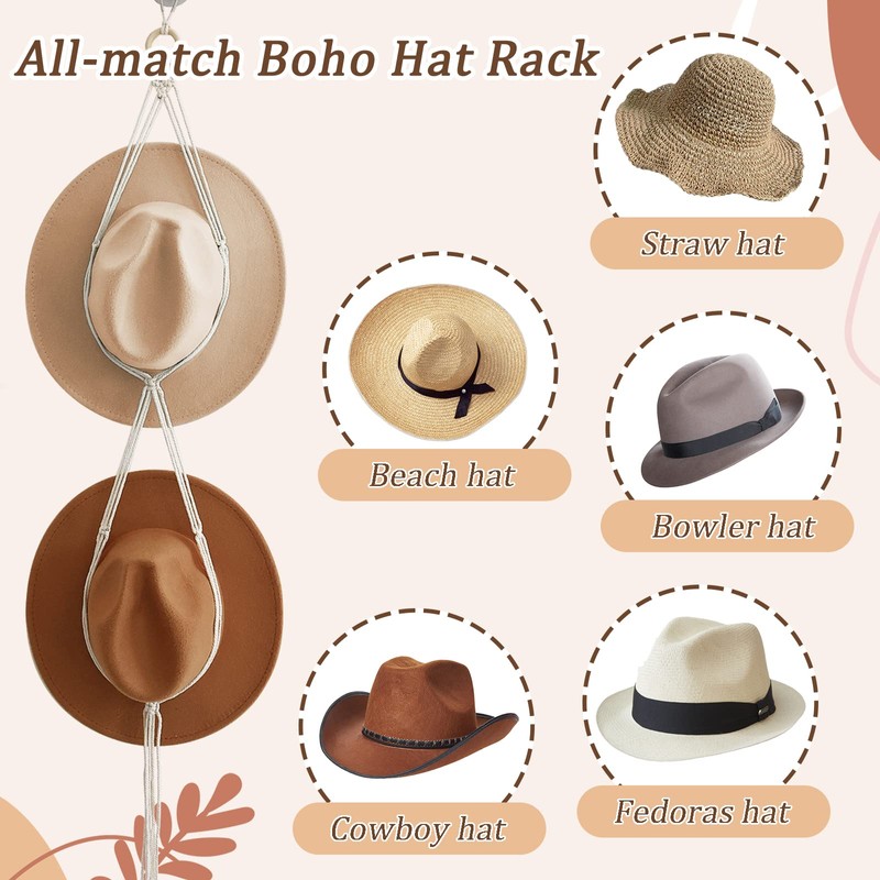2PCS Hand Weaving Hat Rack, Wide Brim Boho Hat Hanger,