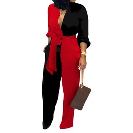 Women's Business Jumpsuits For Elegant V Neck Zipper Long Sleeve Sexy Contrast Printing Decorative Strap Straight Long Pants Rompers With Pockets