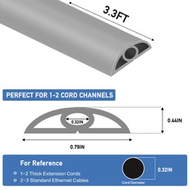 Floor Cord Cover Self Adhesive Cord Hider Floor Extension Cord Covers for Floor Power Cord Protector Cable Management Prevent Cable Trips Cable Cavity 0.32" W x 0.32" H (Grey, 3.3Ft)