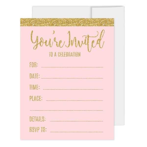 Andaz Press Blush Pink Gold Glitter Print Wedding Collection, Blank Party Invitations with Envelopes, 20-Pack