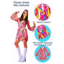 Flower Power Hippy Retro Gogo Fancy Dress Costume Outfit Size Medium (Women: 10-12) 60s Hippy Costume, Multi-Coloured with Dress and Headband, 1960's Groovy Fancy Dress, Adult Dress Up Costumes