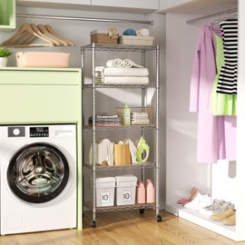 SINGAYE 5 Shelves Storage Shelf Wire Closet Bathroom Organizers Metal Pantry Kitchen Garage Shelving Unit Laundry Room Organization Home Rack Net Basket White with Wheels