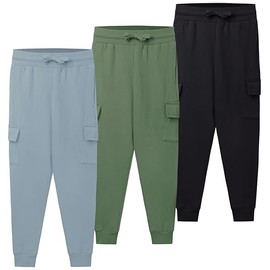 Real Essentials 3 Pack Big Boys Fleece Sweatpants Joggers Pants Black Youth Kids Athletic Cargo Sweats Teen Tall Long Slim Pockets Pantalones para Niños Clothes-Set 7, M, 8-10