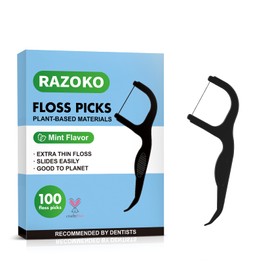 RAZOKO Biodegradable Dental Floss Picks, Charcoal Toothpick Stick Soft On Gum & Teeth, Plant Based Dental Floss Picks for Adults & Kids, 100 Count Mint