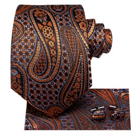 Dubulle Mens Paisely Floral Silk Tie for Men Striped Necktie and Pocket Square Set Wedding Business,Dark Orange Brozne