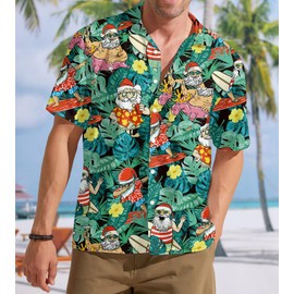 ELDPS Christmas Hawaiian Shirt for Men: Christmas in July T-Shirt Santa Claus Summer Beach Button Down Tops Green