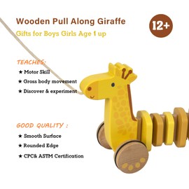WoodenEdu Baby Toys Car,Wooden Pull Along Toddler Toy, Developmental Toy for 1 Year Old Girl Boy Birthday Gift (Giraffe)