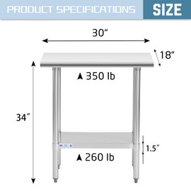 Hally Stainless Steel Table for Prep & Work 18 x 30 Inches, NSF Commercial Heavy Duty Table with Undershelf and Galvanized Legs for Restaurant, Home and Hotel