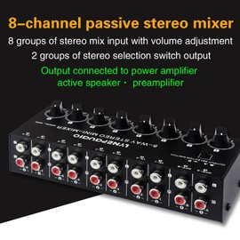 LYNEPAUAIO B066 Mini Stereo 8 Channel Passive Mixer RCA Portable Audio Mixer 8 in 2 out Stereo Distributor Volume Control, No External Power Required