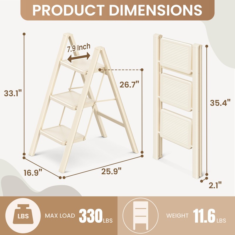 GameGem 3 Step Ladder Folding Step Stool with Wide Anti-Slip