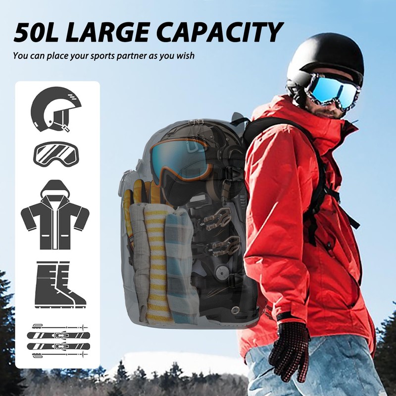 50L Ski Backpack - Water-resistant Ski Boot Bag for Men