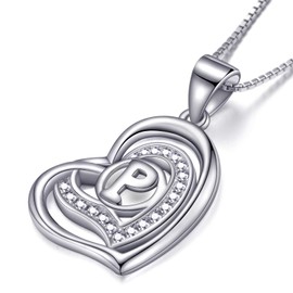 Morella® Ladies’ Necklace Heart with a letter, 925 Sterling, Rhodium-Plated Silver, with Zirconia stone, White, 46 cm, Silver