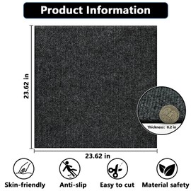WAPANE Carpet Tiles Peel and Stick, Squares Carpet Floor Tile 24” x 24”, Soft Padded Carpet Tiles, Self Adhesive Carpet 10PC Tiles Per Box 40Sq Ft for Home Living Room Bedroom Office, Dark Gray