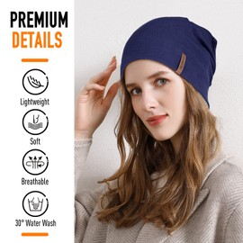 Slouch Beanie Hat, Soft Thin Cotton Hat, Lightweight Breathable Long Beanie, Jersey Chemo Hat, Elastic Running Hat for All Seasons, blue