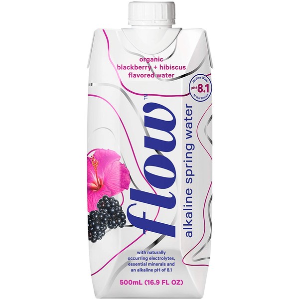 Flow Alkaline Spring Water, Organic Blackberry + Hibiscus, Natural Alkaline Water pH 8.1, Electrolytes + Essential Minerals, Eco-Friendly Pack, 100% Recyclable, BPA-Free, Non-GMO, Pack of 12 x 500ml