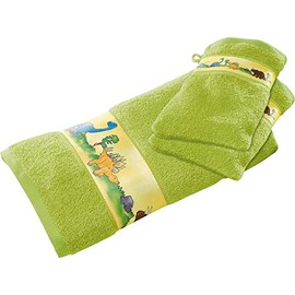 Erwin Müller Children's Terry Towel Set 3-Piece with Dino Motif, Green, 1 x Hand Towel, 2 x Wash Mitts - Cuddly Soft, Breathable, Very Quick Drying and Absorbent
