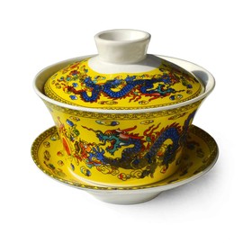 Gaiwan Tea Cup Chinese Dargon Sancai Cover Bowl Lip Coaster Set for Gongfu Tea (Yellow)