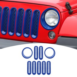 PDKLIN for Jeep JK Front Grille Inserts & Headlight Cover Trim Ring for Jeep Wrangler JK JKU 2007-2017 Blue Exterior Accessories 9pcs