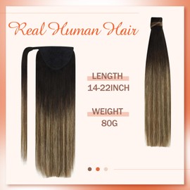 Sunny Hair Ponytail Extension Human Hair Wrap Around Ponytail Extension Straight Pony Tails Hair Extensions Clip in Ponytail Hair Extensions for Women 80G Black to Brown with Caramel Blonde 18inch