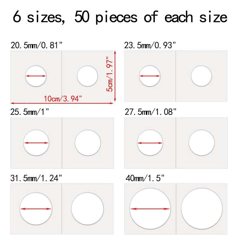 300 Pcs Cardboard Coin Flips, 6 Assorted Sizes 2" x