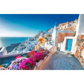 WOWDECOR Paint by Numbers Kits for Adults Kids, DIY Oil Painting - Greece House Flowers Seaside Landscape 16x20 inch (Frameless)