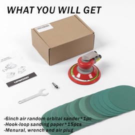 Pneumatic random orbital sander 6-inch light weight palm sander 3/16" (5 mm) diameter orbit 12000 RPM with extra 15pcs sandpaper