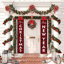 MEMOVAN Christmas Porch Banners, Merry Christmas Happy New Year Red Buffalo Check Plaid Porch Sign, Xmas Banners Hanging Decoration for Farmhouse Holiday Home Indoor Outdoor Porch Wall Xmas New Year