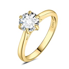JewelryPalace Classic 1.5ct Round Cut Moissanite Solitaire Engagement Rings for Women, 14K Yellow Gold Plated 925 Sterling Silver Promise Ring for Her, Simulated Diamond Anniversary Wedding Rings H