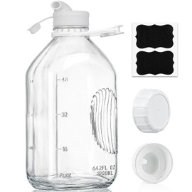 Syntic 2 Qt Glass Milk Bottle with Reusable Strong Airtight SCREW LID, 64 Oz Glass Juice Bottles for Almond Milk, Oat/Nut Milk- 0.5 Gal Water Bottle with 2 Exact Scale Lines, Extra Handle AND Cap！