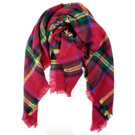 Plum Feathers Premium Plaid Pattern Knit Large Blanket Scarf with Fringes (Burgundy Green Blue Plaid)