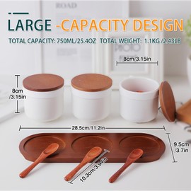 Kitchenexus Set of 3 Sugar Bowls with Lids and Spoons, Ceramic Spice Storage Jar with Wooden Lids and Spoons for Kitchen, 250ml Sugar Jar White