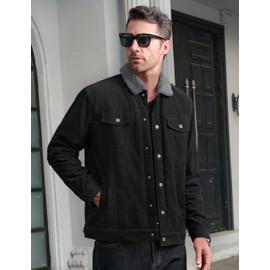 CRYSULLY Corduroy Jackets for Men Fleece Lined Jacket Warm Winter Sherpa Jacket Windproof Cotton Jackets Black XL