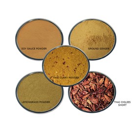 Thai Spices Gift Set - Contains: 5 Assorted Plastic Jars 1 each of: Thai Curry, Powder Ground Ginger, Soy Sauce Powder, Lemongrass powder Chilies, Thai Short X-Hot Chilies)