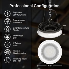 HYPERLITE UFO LED High Bay Light 200w LED High Bay Light 28000lm LED Shop Light with 5000k with us Plug High Bay LED Lights for Commercial Bay Lighting 16-20ft Workshop Warehouse Factory Gym Barn ETL