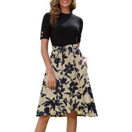 Annebouti Midi Spring Summer Dresses for Women 2025 Business Casual A-Line Ladies Floral Modest Short Sleeve Patchwork Semi-Formal Interview Teacher Outfits Church Wear to Work Dress Black Taupe L