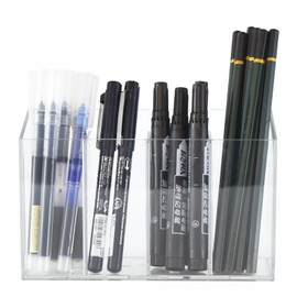 JynJyn Acrylic Desk Organizer with Removable Dividers 4 Compartments, Clear Pen Holder Makeup Brush Holder