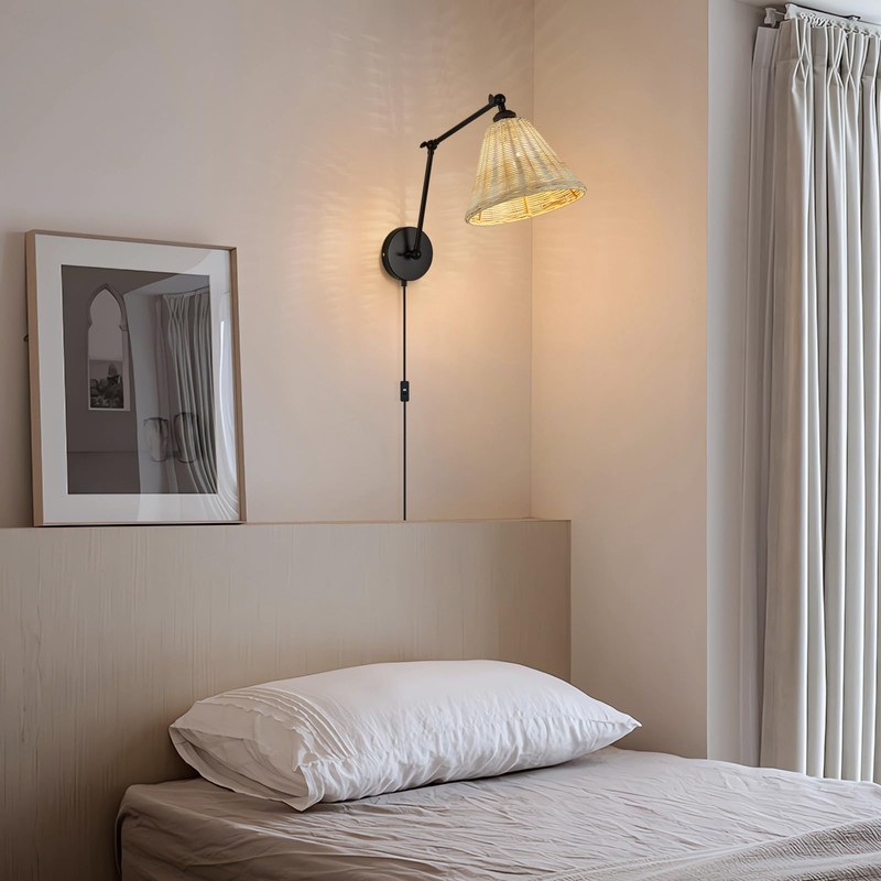 Fetason Plug in Wall Sconces Set of 2 Black Rattan