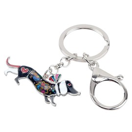 WEVENI Metal Alloy Elegant Hat Dachshund Dog Key Chains Rings Enamel Key Chain Jewellery for Women Girls Bag Car Charms, black