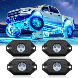 LivTee RGB LED Rock Lights Kit, 4 Pods Waterproof Underglow Neon Lights with Bluetooth App Control - Multi-Color & Music Sync Wheel Light for Trucks SUV UTV ATV RZR Golf Cart