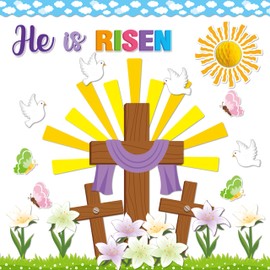 BeYumi 95Pcs Easter He is Risen Cross Bulletin Board Set Sun Honeycomb Jesus Resurrection Cross Lily Cutouts Trim Border Christian Religious Bible Sunday School Classroom Chalkboard Church Decoration